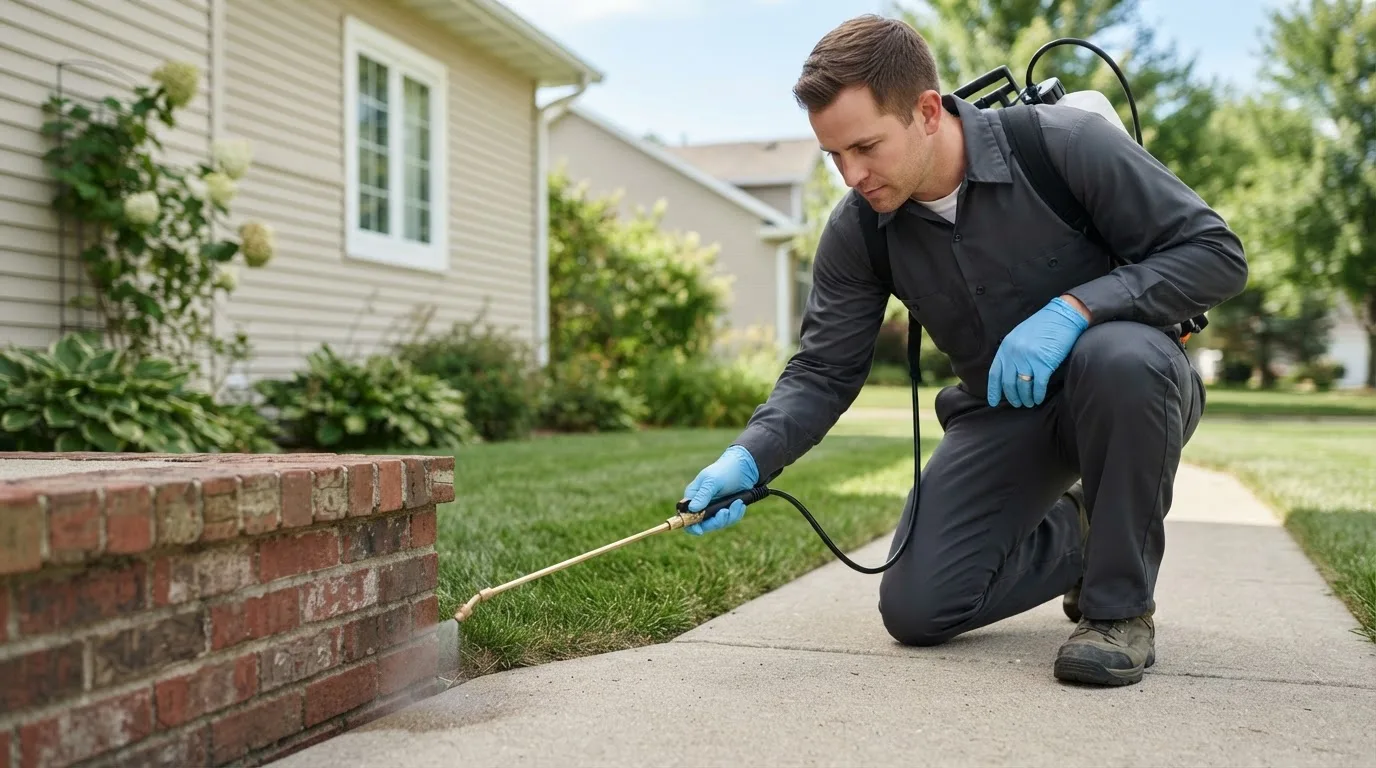 Pest control technician treating a home near Emmett, KS